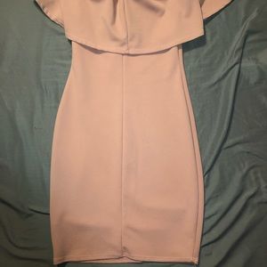 nude pink tight fitting off the shoulder dress